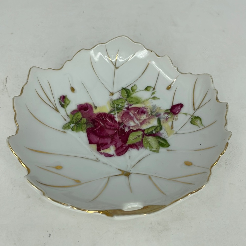 Vintage Trinket Leaf Dish Spring Flowers Small 5” x 5” Made in Japan